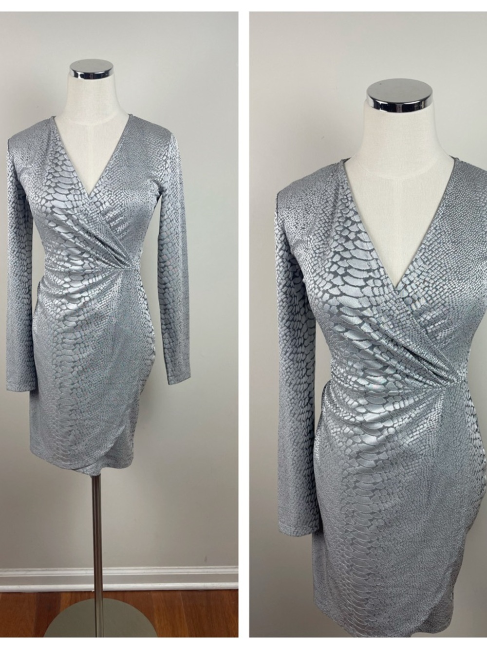 French Connection Silver Gray Snake Animal Print Wrap Long Sleeve Dress Women